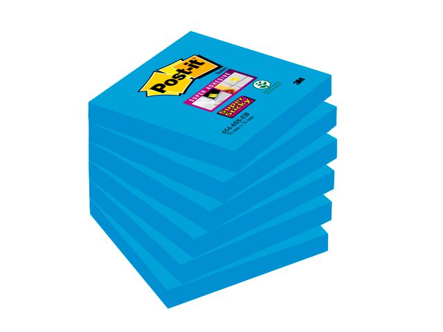 Super Sticky Haftnotiz Quadratisch Block 76 x 76 mm, Neonblau, 6er-Pack, 90 Blatt
