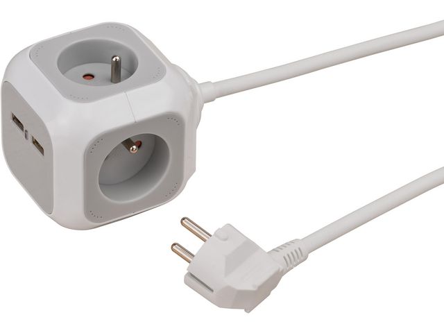 Alea Power Plug Block, Würfelform, 4-fach mit USB, Belgisch, Weiß, Hellgrau