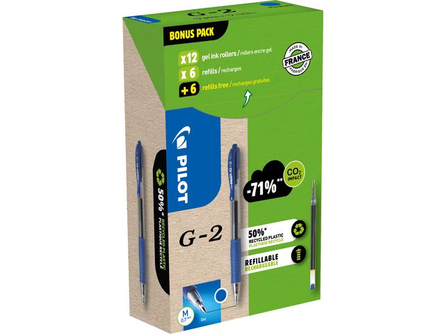 G-2 Gel Pen Roller Writer, Greenpack 12 Stifte und 12 Minen, Mittlere Spitze 0,7 mm, Blau