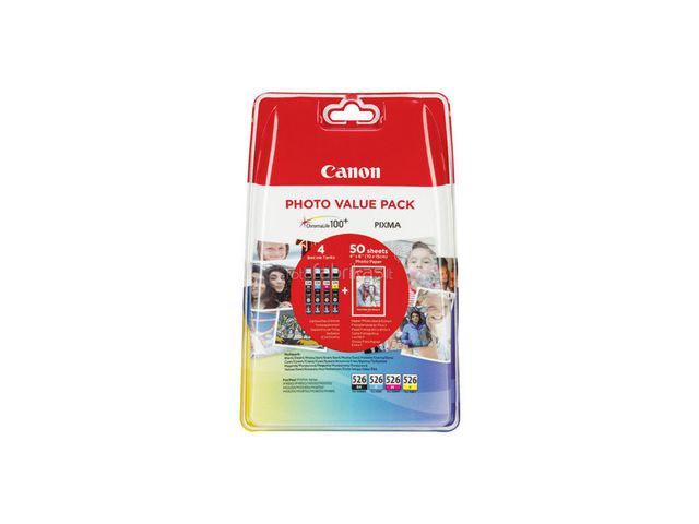 Canon CLI-526 C/M/Y/BK Photo Value Pack - 4er-Pack - Schwarz, Gelb, Cyan, Magenta - Original - 50 Blatt - 100 x 150 mm - Tintenbehälter- / Papierpaket