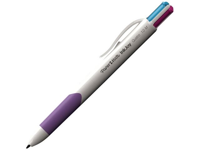 Mehrfarbkugelschreiber InkJoy™ Quatro RT, Einweg, Druckmechanik, M, Schaftfarbe: weiß, Schreibfarbe: hellgrün/magenta/türkis/violett
