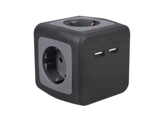 Cube Steckdosenleiste mit Ladestation, 4 Kontakte, 2 USB-Ports, Grau