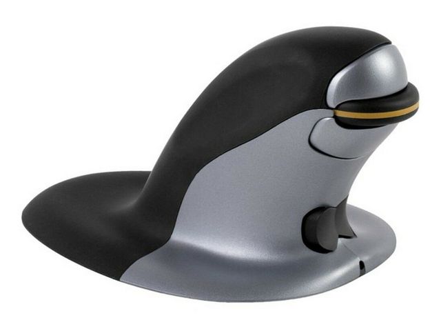 Ergonomische Vertikalmaus Penguin, Beidhändig nutzbar, Drahtlos, Mittelgroß, 2.4 GHz, Schwarz und Silber