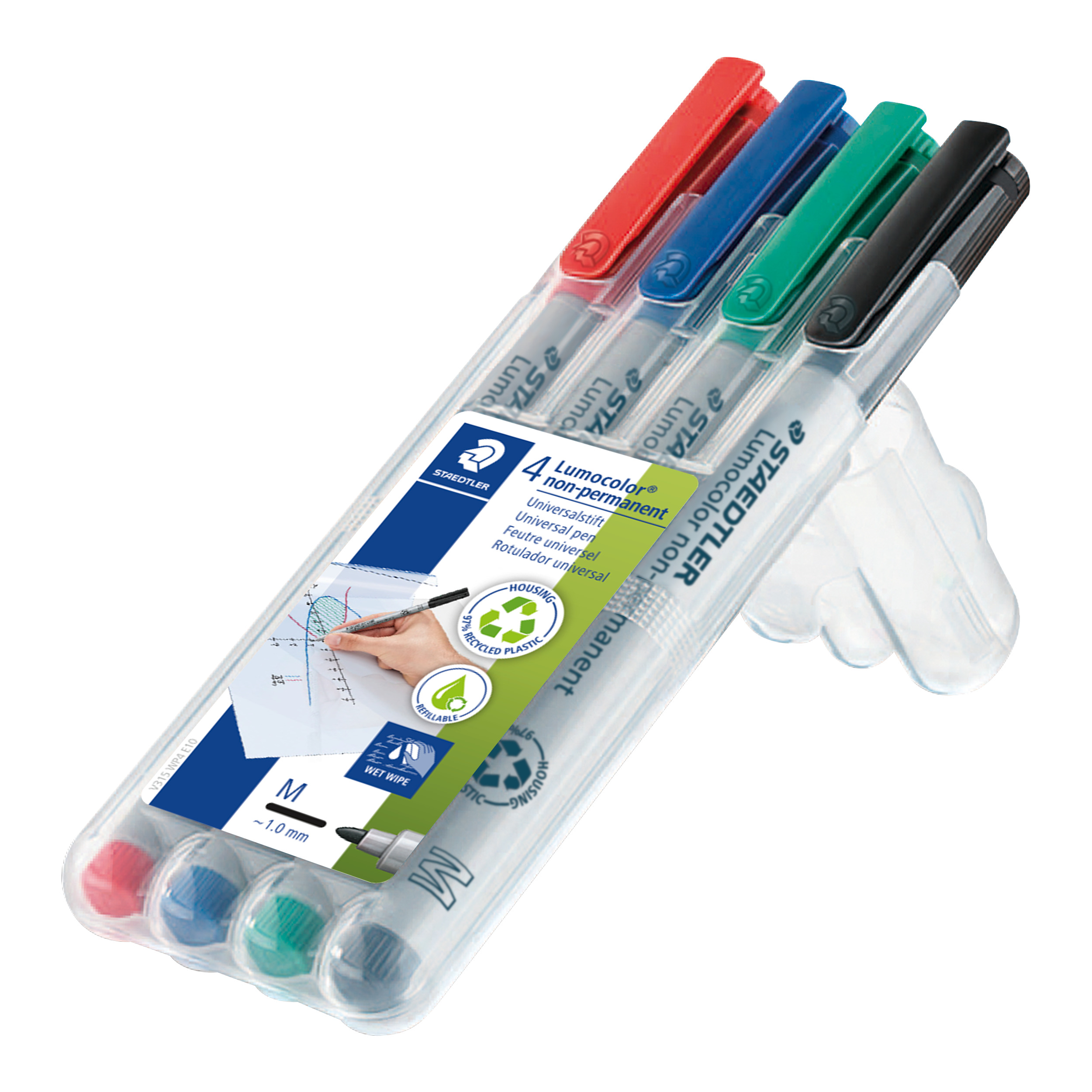 ® OH-Stift, Lumocolor® 315, M, non-permanent, Rundspitze, 1 mm, Schaftfarbe: grau, Schreibfarbe: 4er sortiert