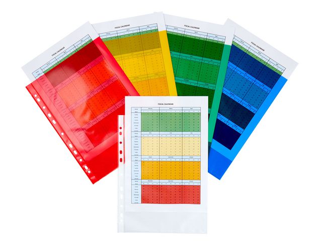 Standard-A4-Prospekthülle, Polypropylen (90 µm), Genarbt, 11 Löcher, Transparent rot, blau, grün und gelb