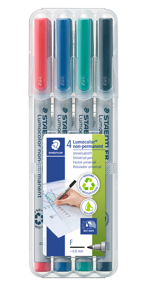 ® OH-Stift, Lumocolor® 316, F, non-permanent, Rundspitze, 0,6 mm, Schaftfarbe: grau, Schreibfarbe: 4er sortiert