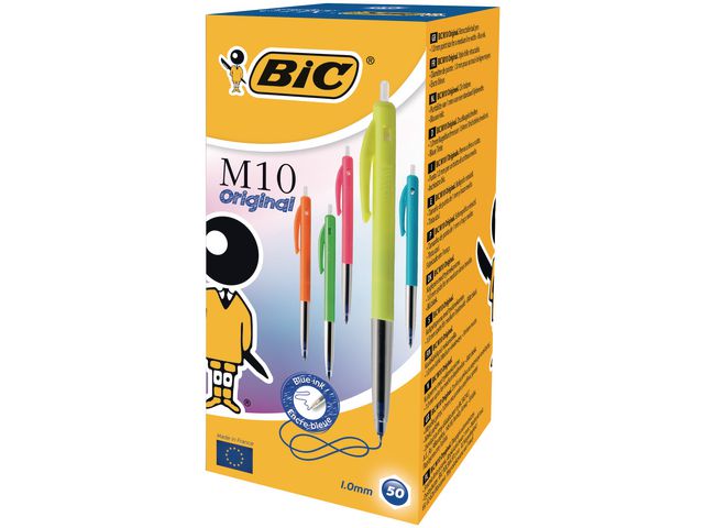 M10 Clic™-Druckkugelschreiber, Mittlere 1-mm-Spitze, Verschiedene Schaftfarben, Blaue Tinte