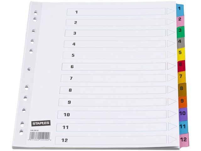 Register, Karton, 170 g/m², 1 - 12, Eurolochung, A4, 12 Blatt, weiß