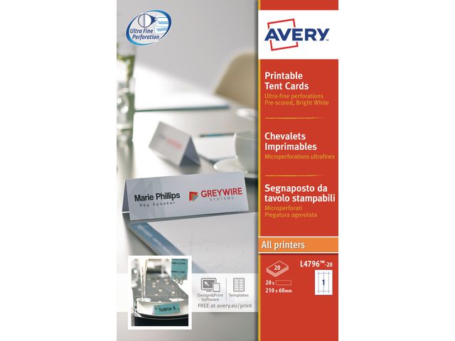Avery Tent Card - Tischkarten - 20 Karte(n) - 60 x 210 mm - 190 g/m²