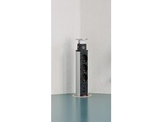 Tower Power Wechselsteckdose, 3-fach mit 2 x USB, Schwarz, Silber