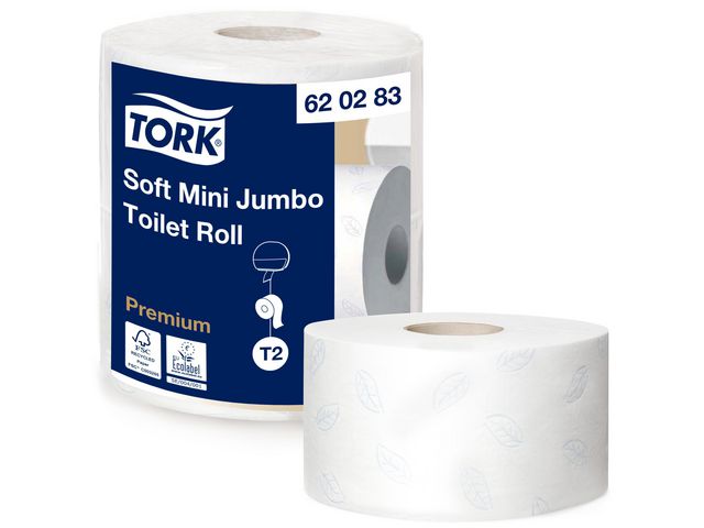 Premium T2 Soft Jumbo, Toilettenpapierrolle, 2-lagig, 850 Blatt, Geprägt, Weiß