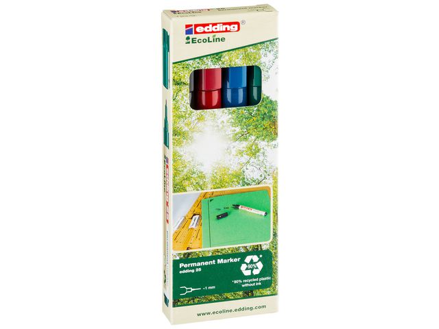 25 EcoLine Permanent-Marker, Rundspitze, Strichstärke 1 mm, 4er-Pack mit 4 verschiedenen Farben: Schwarz, Rot, Blau, Grün