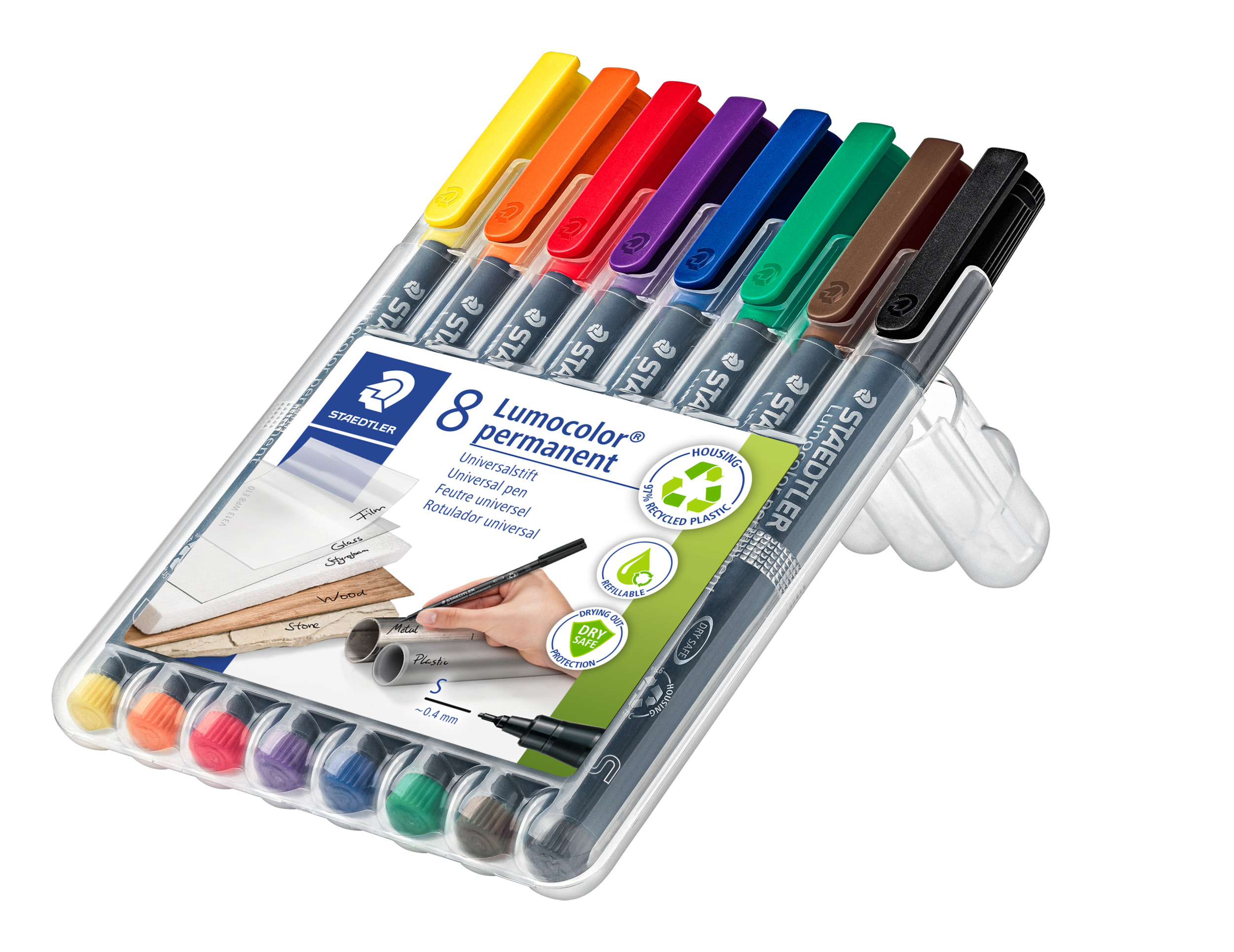 ® OH-Stift, Lumocolor® 313, S, permanent, Rundspitze, 0,4 mm, Schaftfarbe: schwarz, Schreibfarbe: 8er sortiert