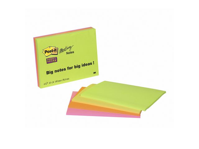 Block mit Super Sticky Meeting Notes, 98,4 x 149 mm, verschiedene Neon- und Ultra-Farben, 4er-Pack, 45 Blatt