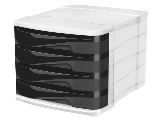 Schubladenbox isis, Polystyrol, mit 4 Schubladen, A4, 292 x 386 x 246 mm, hellgrau/schwarz