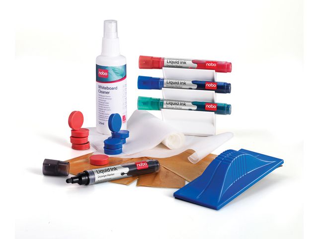 Whiteboard User Kit mit 4 Markern, 1 Tafelwischer, 5 Ersatz-Löschfilztüchern, Magneten (10 x 25 mm), Whiteboard-Sprühreiniger (125 ml) und Trockentüchern