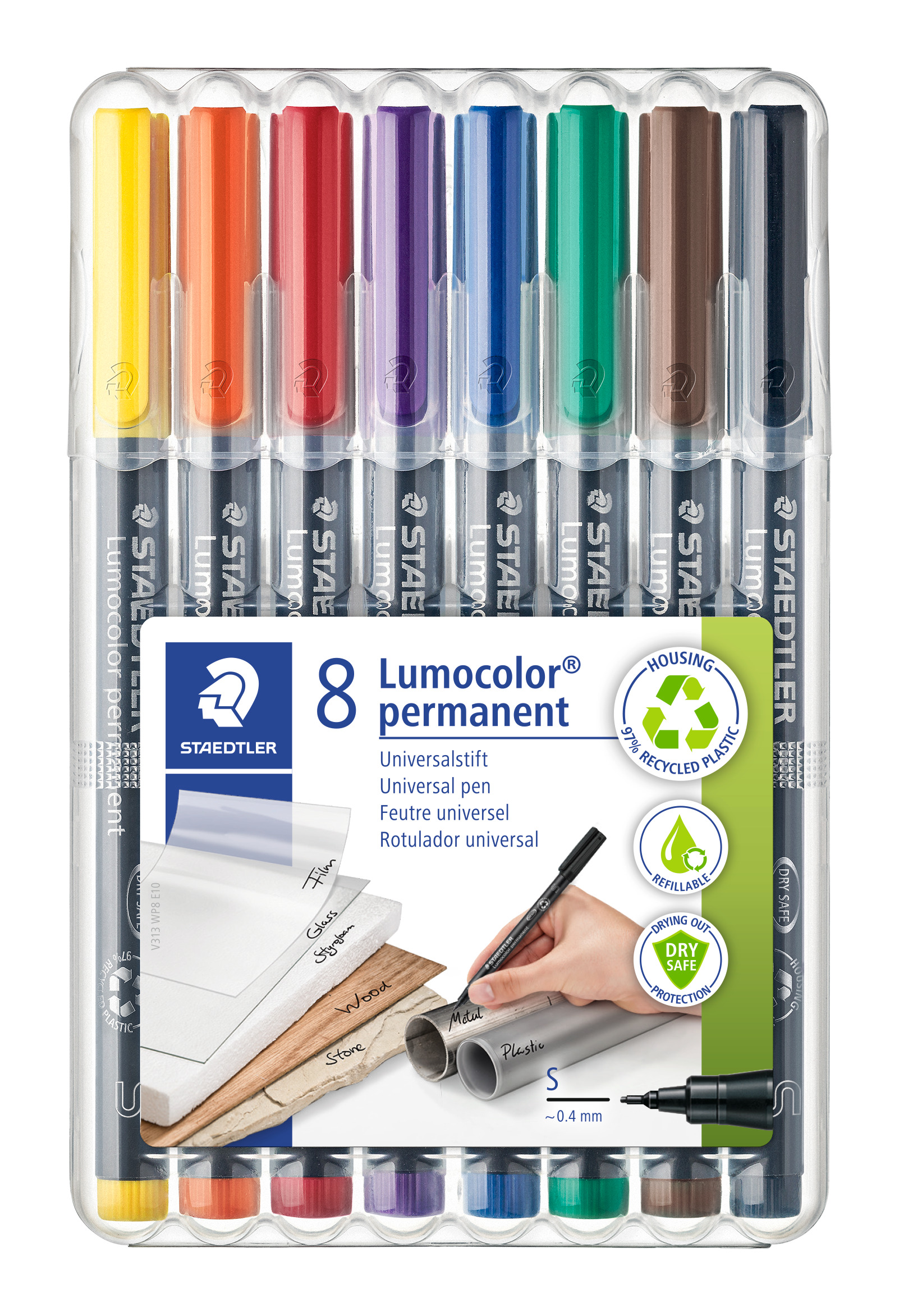 STAEDTLER® OH-Stift, Lumocolor® 313, S, permanent, Rundspitze, 0,4 mm, Schaftfarbe: schwarz, Schreibfarbe: 8er sortiert