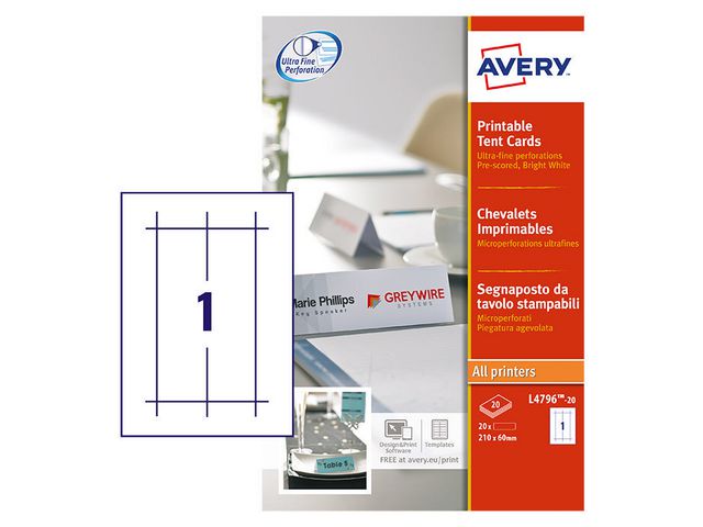 Avery Tent Card - Tischkarten - 20 Karte(n) - 60 x 210 mm - 190 g/m²