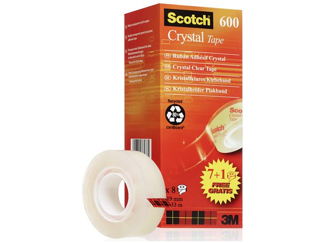 Crystal Tape 600, Transparent mit glänzender Oberfläche, 19 mm x 33 m, 8er-Pack