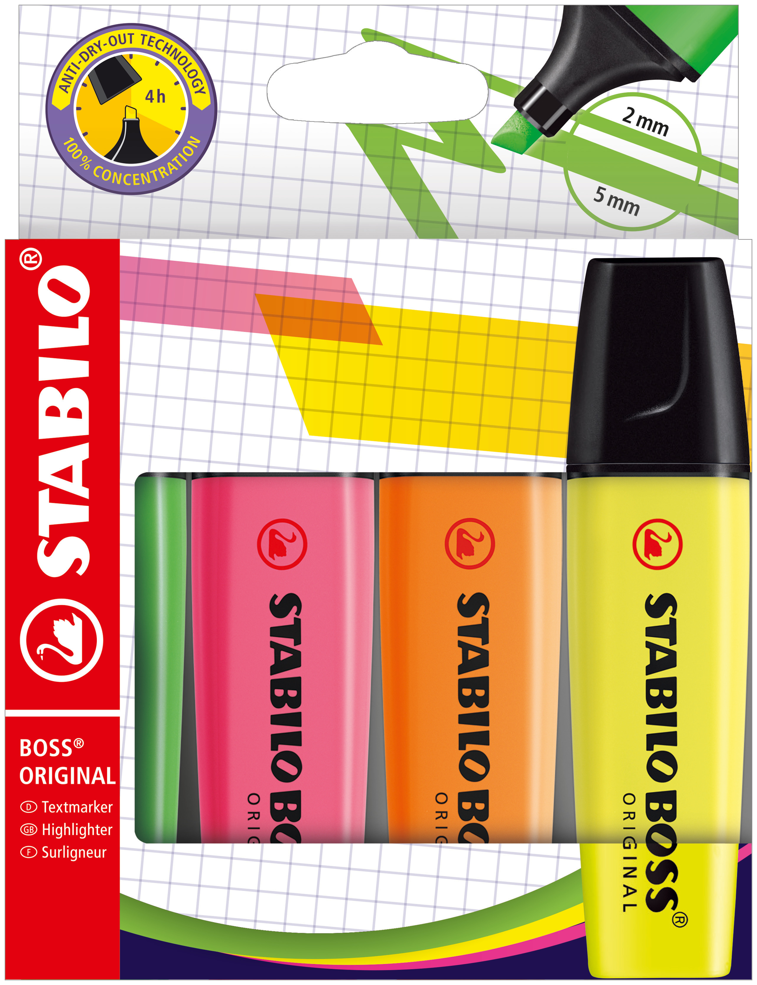 Textmarker BOSS® ORIGINAL, nachfüllbar, flach, Keilspitze, 2 - 5 mm, Schaftfarbe: in Schreibfarbe, Schreibfarbe: 4er sortiert