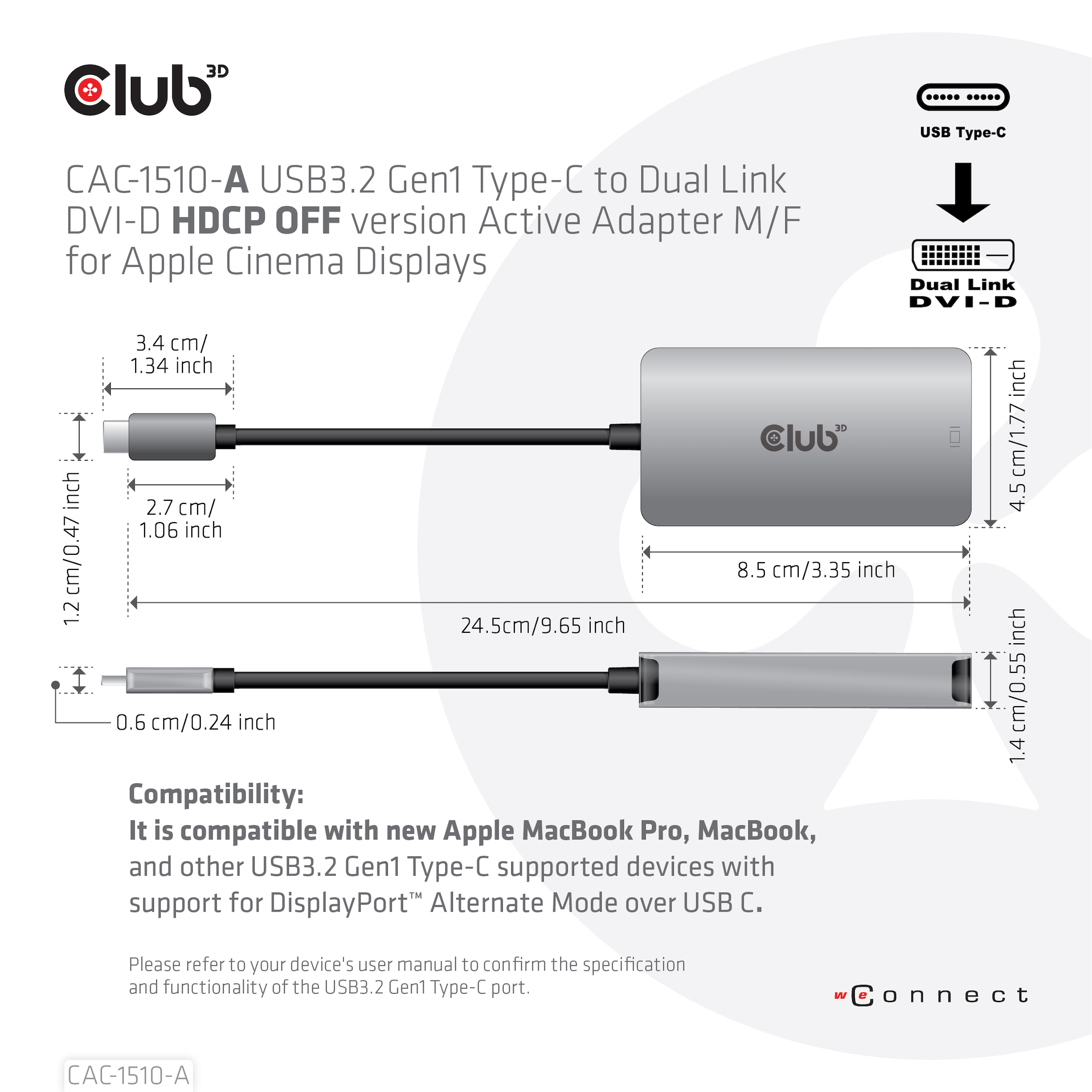 USB3.2 Gen1 Type-C to Dual Link DVI-D HDCP OFF  For Apple Cinema Displays