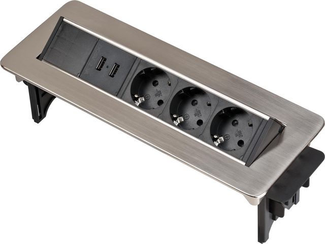 Ausziehbare Steckdose, 3-fach mit 2 x USB, Silber, Schwarz