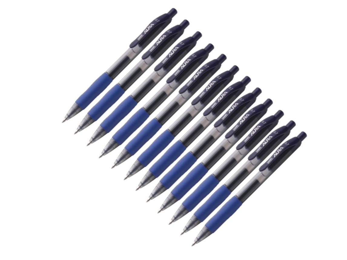 Aura, Gelschreiber mit einziehbarer Mine, Mittelstarke 0,7-mm-Spitze, Transparenter Schaft mit Griff, Blaue Tinte