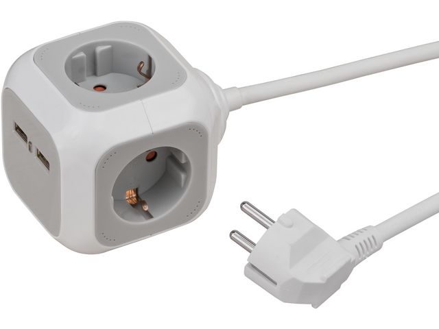 Alea Power Plug Block, Würfelform, 4-fach mit USB, Weiß, Hellgrau