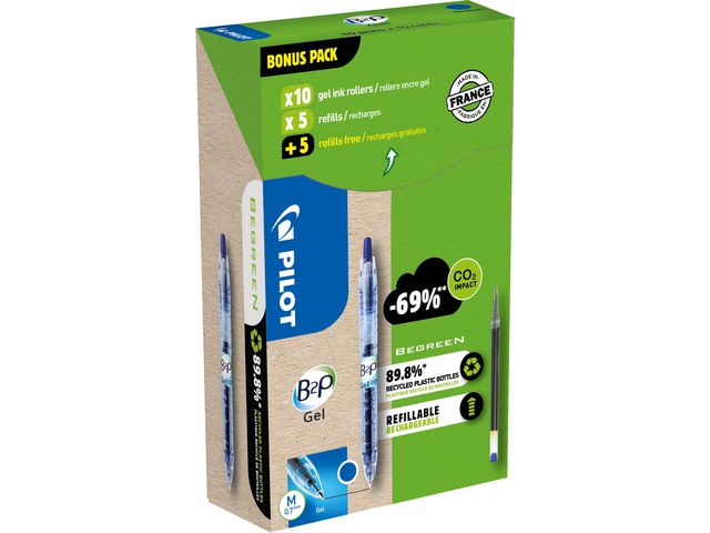 B2P Gel Pen Roller Writer, Greenpack 10 Stifte und 10 Minen, Mittlere Spitze 0,7 mm, Blau