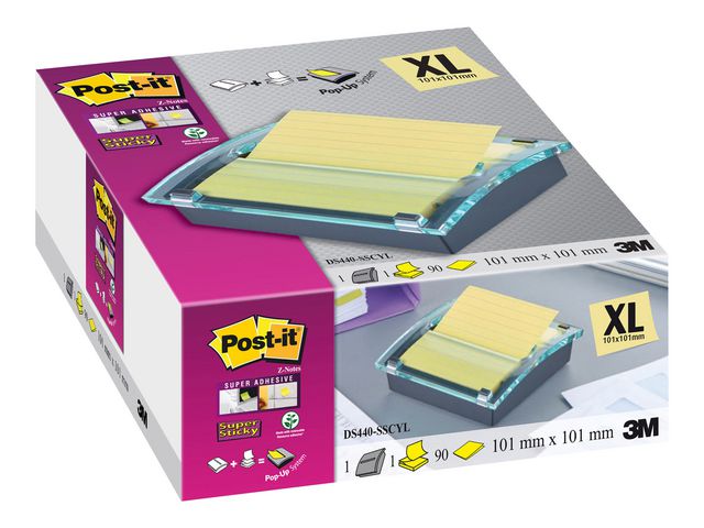Super Sticky Z-Notes Tischspender, Schwarz/Transparent + linierter Super Sticky Z-Notes Haftnotizenblock, 101 x 101 mm, gelb, 90 Blatt