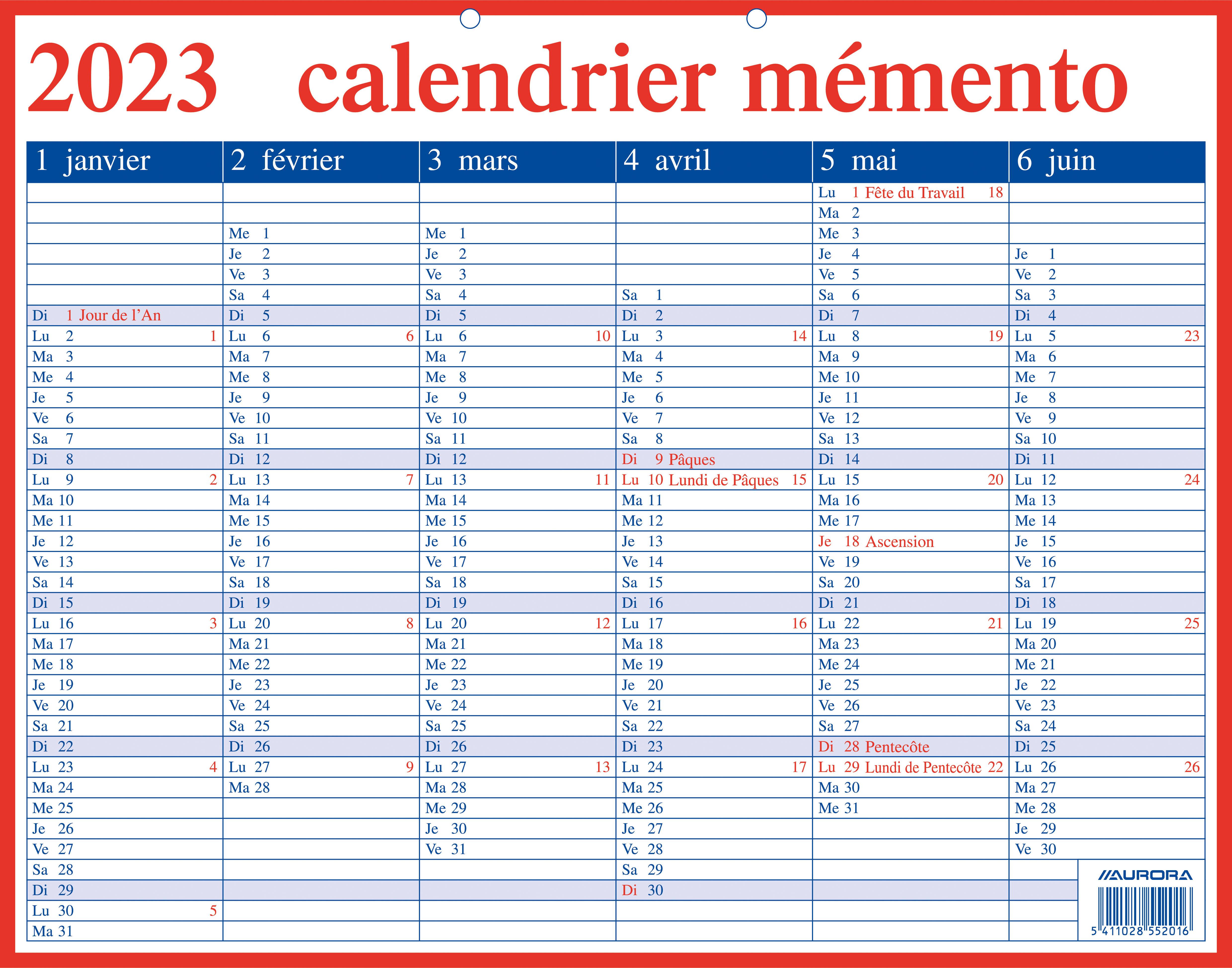 Mementoplaat Kalender, 420 x 330 mm, Frans
