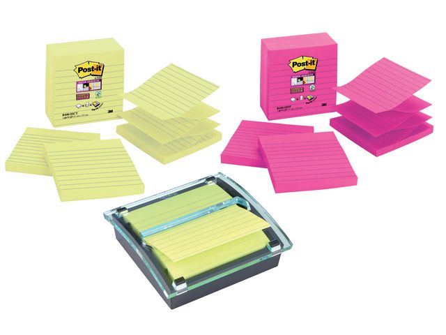 Super Sticky Z-Notes Tischspender, Schwarz/Transparent + linierter Super Sticky Z-Notes Haftnotizenblock, 101 x 101 mm, gelb, 90 Blatt