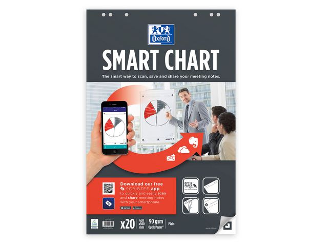 SmartChart Flipchart-Block, Blanko, 90 g/m², 6 Löcher, 650 x 980 mm, Weiß, 20 Blatt