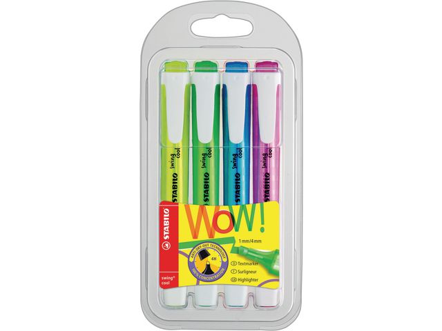 Textmarker swing® cool, Einweg, flach, Keilspitze, 1 - 4 mm, Schaftfarbe: in Schreibfarbe, transluzent, Schreibfarbe: 4er sortiert