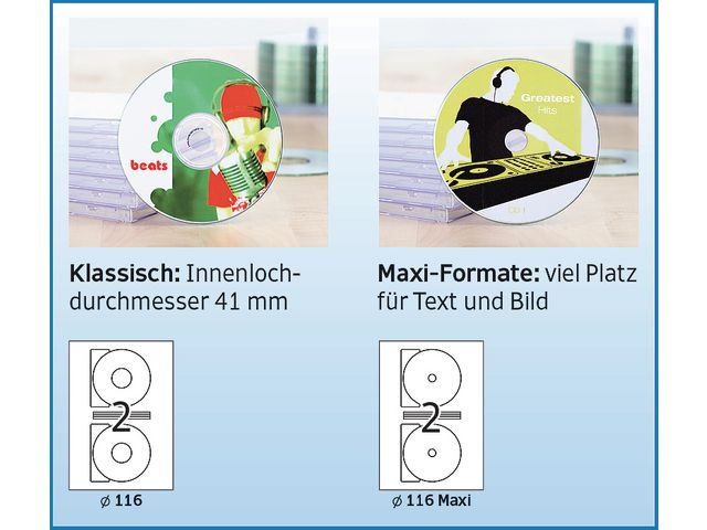 Etikett, CDs/DVDs, Inkjet/Laser/Kopierer, selbstklebend, Loch 17 mm, ø: 116 mm, weiß