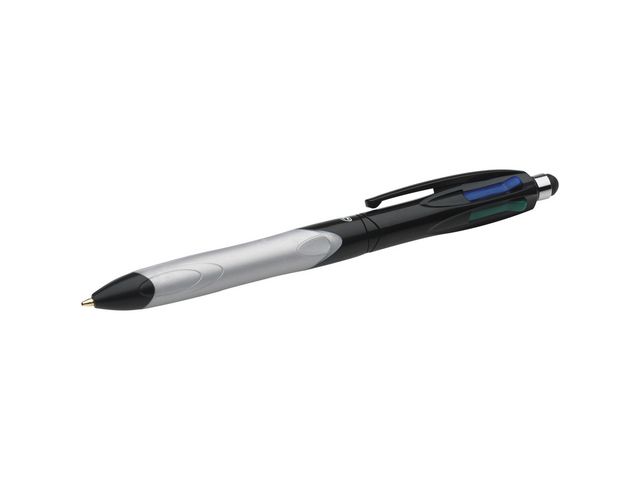 4 Colours™ Stylus-Druckkugelschreiber, Mittelgroße 1-mm-Spitze, Metallschaft in Schwarz-Weiß mit Griff, Verschiedene Tintenfarben: Schwarz, Blau, Rot und Grün