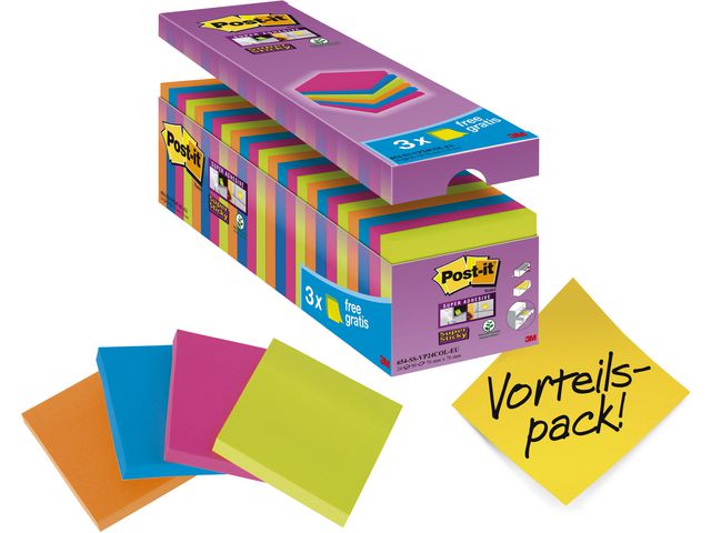 Block mit Super Sticky Notes, 76 x 76 mm, verschiedene Farben, 24er-Pack, 90 Blatt